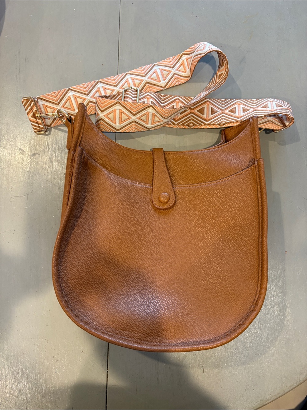 Textured Saddle Crossbody Bag in Tan with Patterned Strap